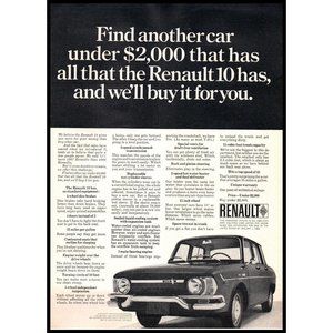 1968 Renault 10 4 Door Sedan Vintage Print Ad Front End Grill Man Cave Wall Art
